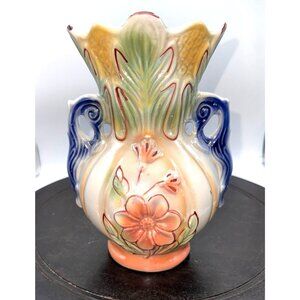 Vintage Made In Brazil Iridescent Ceramic Flower Vase With Hand-Painted Floral D